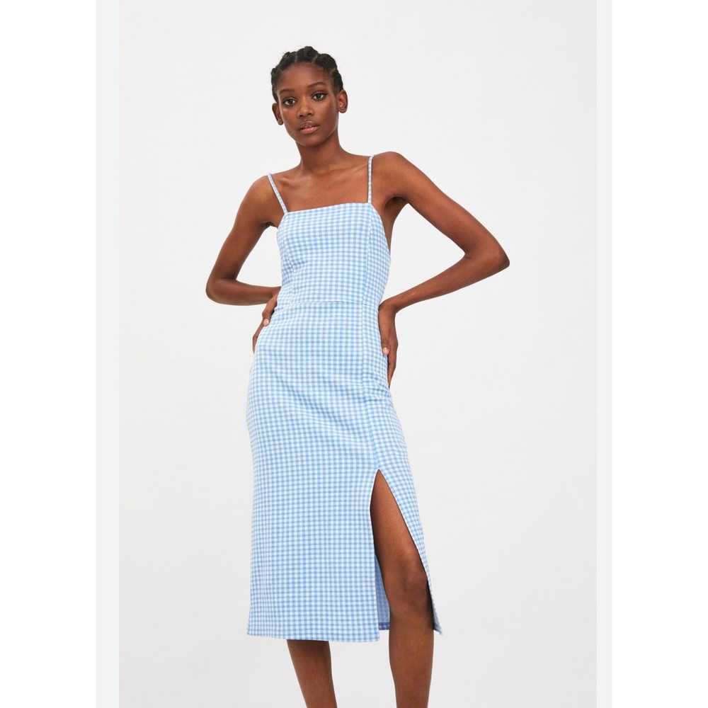 Zara Blue Gingham Midi Dress Square Neck Spaghetti Strap Side Slit Womens Medium